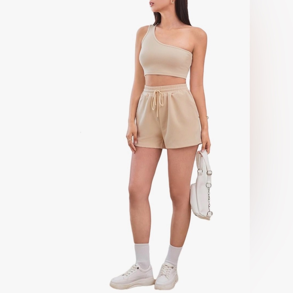 Ribbed Knit Lounge Set Drawstring Shorts and One Shoulder Bra Top